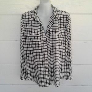 Loft Women's White Black Button Front Shirt Long Sleeves Small Petite